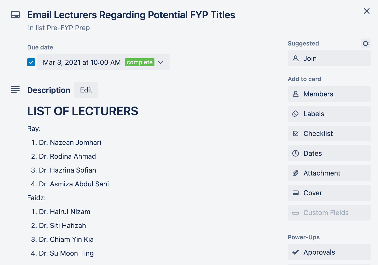Trello board tracking supervisor outreach